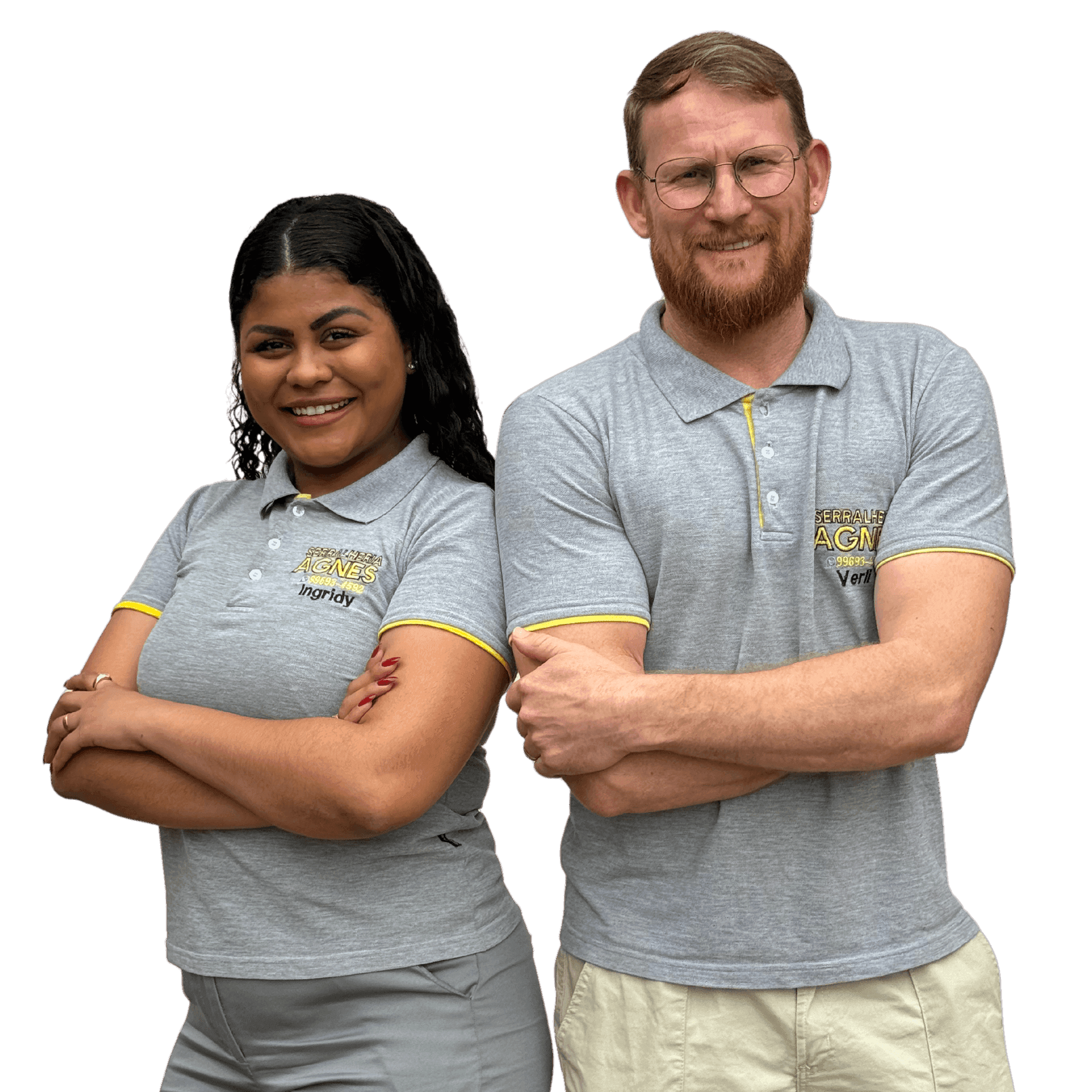 Two people smiling and crossing their arms, wearing gray polo shirts with embroidered names and logos.